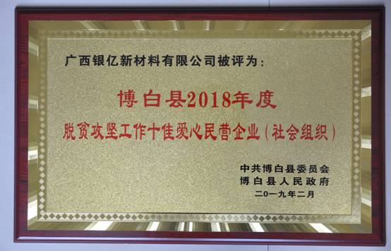廣西銀億被評(píng)為博白縣2018年度“十佳愛心民營(yíng)企業(yè)”